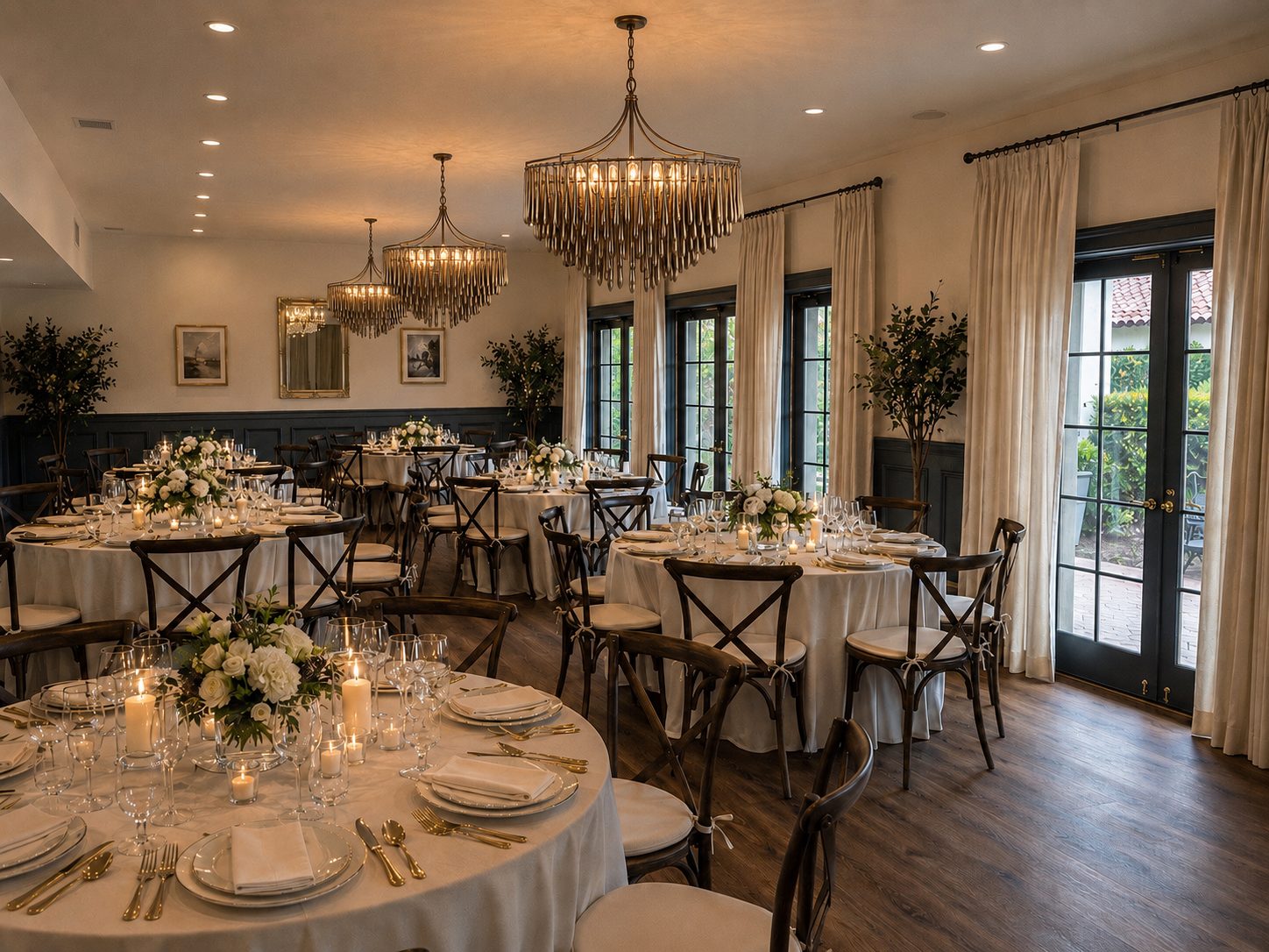The Drawing Room set for an event, with chandeliers and navy wainscoting